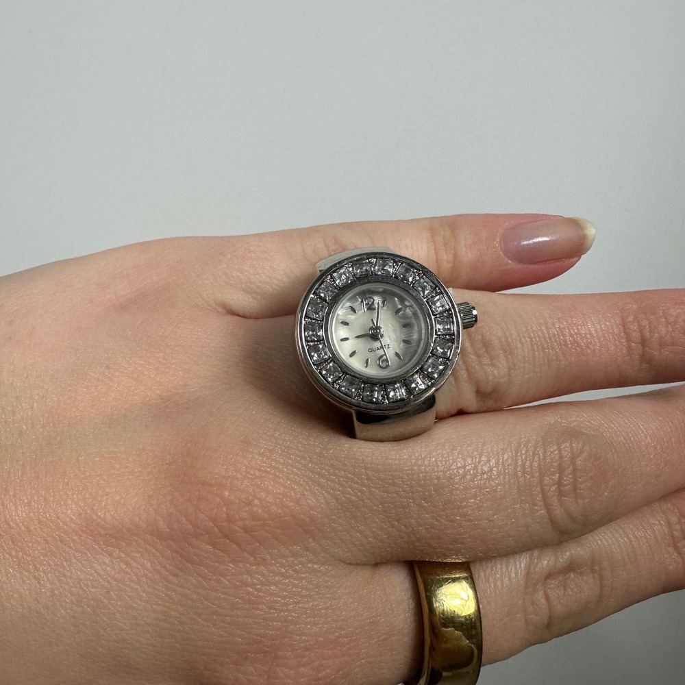 Silver Tone Stainless Steel Crystal Encrusted Quartz Ring Watch w/ Stretchy Band - Picture 2 of 6
